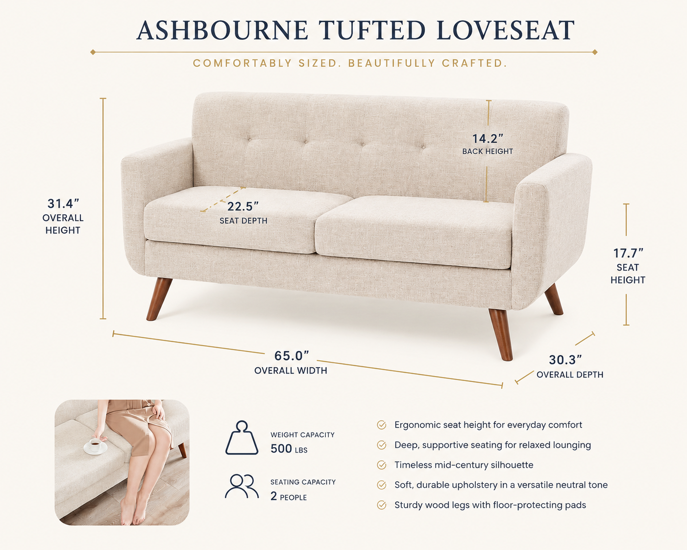Sutton Tufted Linen Loveseat – Mid-Century Upholstered 2-Seat Sofa in Beige