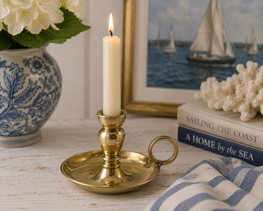 Heirloom Brass Chamberstick Candle Holder – Small Traditional Taper Candle Holder with Ring Handle
