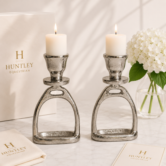 Huntley Equestrian Stirrup Candle Stick Holders, Silver set of 2