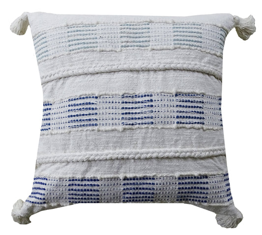Blue & White Woven Tassel Throw Pillow – 22"
