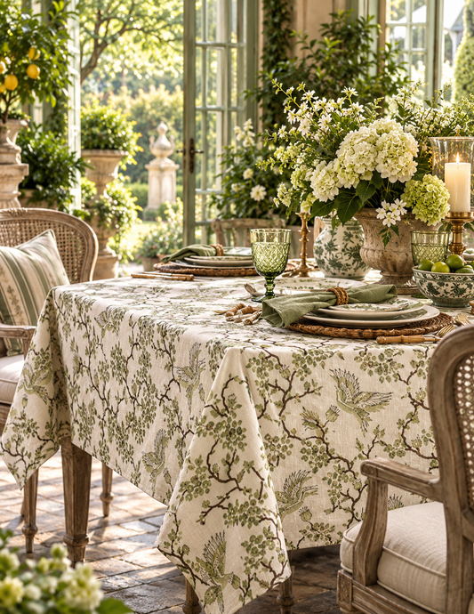A dining table set in a sunlit garden patio with a cream tablecloth featuring a green botanical and bird pattern, surrounded by wicker chairs and floral centerpieces.