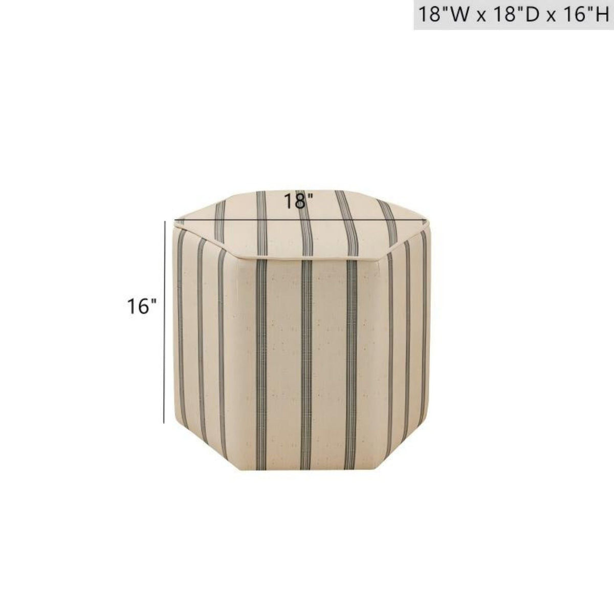 Hexagonal ottoman with dimensions on a white background