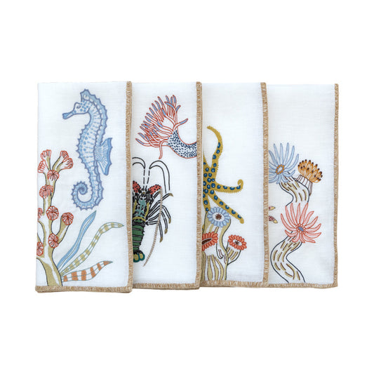 Hand Embroidered Marine Life Napkins 18" x 18" (Set of 4)