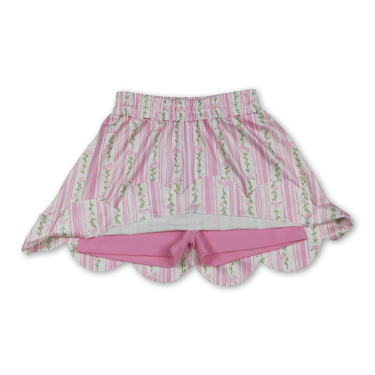 Pink floral elastic waist scallop kids girls skirts