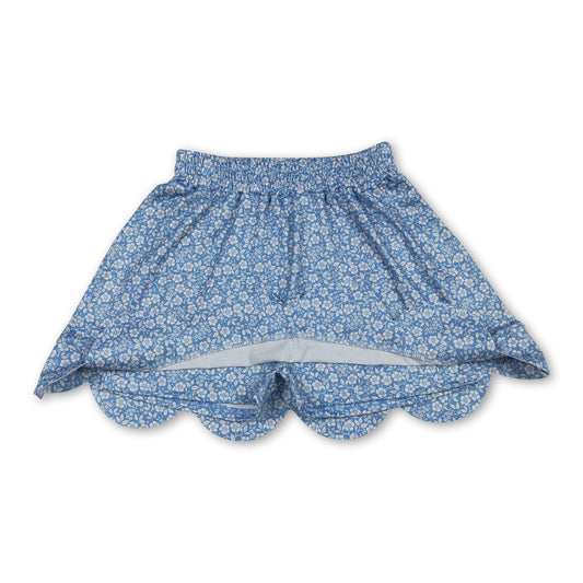 Blue floral elastic waist scallop kids girls skirts