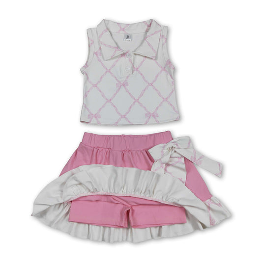 Sleeveless pink bow top ruffle skirt girls activewear set