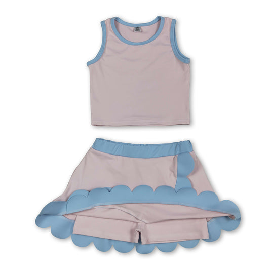 Sleeveless light pink blue scallop kids girls active wear set