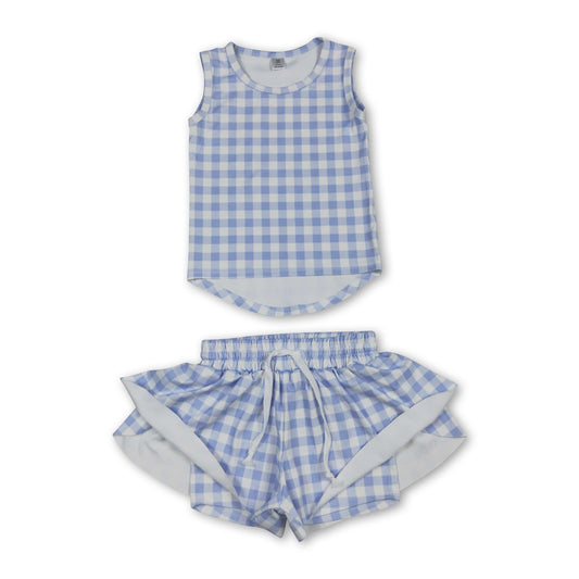 Sleeveless blue plaid top shorts girls active wear set