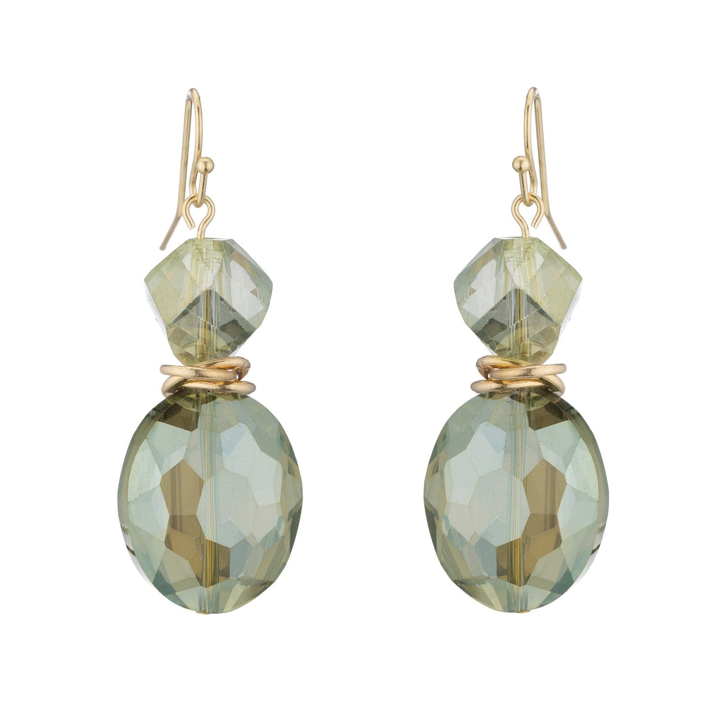 Olive Faceted Crystal Two Stone Matte Gold Earrings