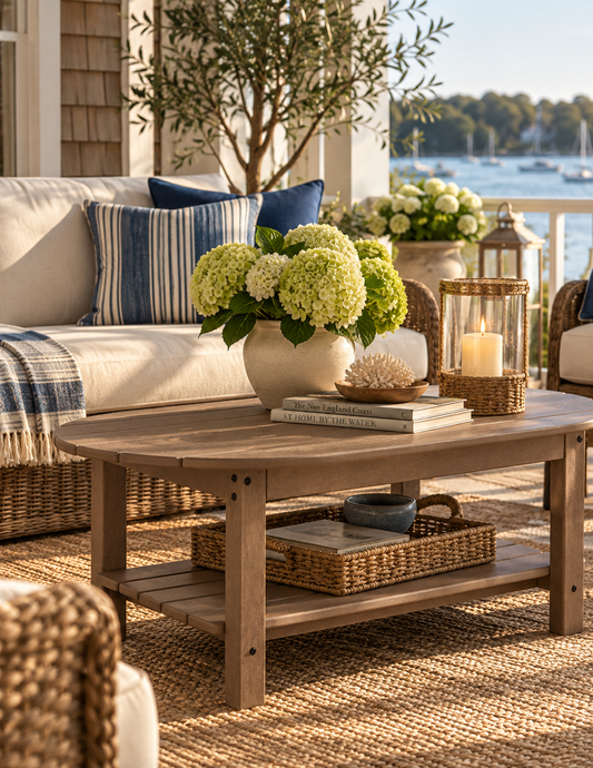 A rustic wooden coffee table with a lower shelf, styled on a woven jute rug in a bright coastal living room. The table is decorated with a vase of green hydrangeas, books, a candle in a lantern, and a tray, with a wicker sofa and a scenic waterfront view in the background.