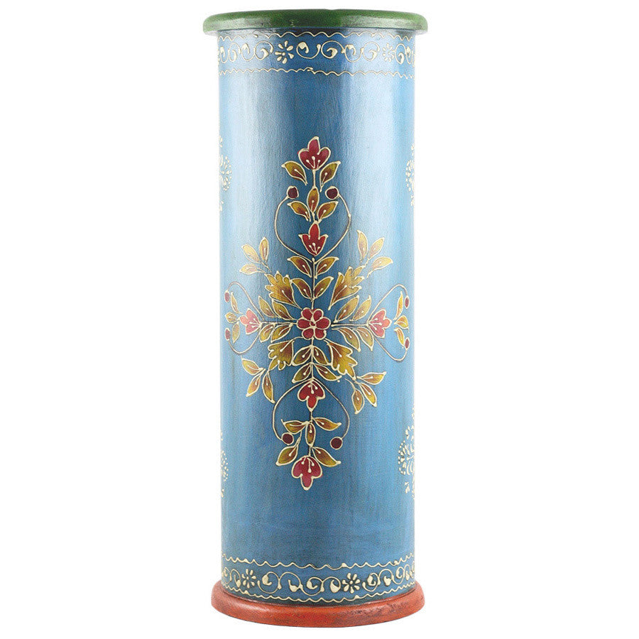 Hand-Painted Blue Wooden Umbrella Stand - Rustic Artisan Entryway Umbrella Holder