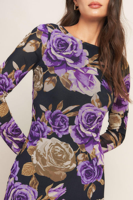 VIOLET EMBRACE POWER MESH MIDI DRESS