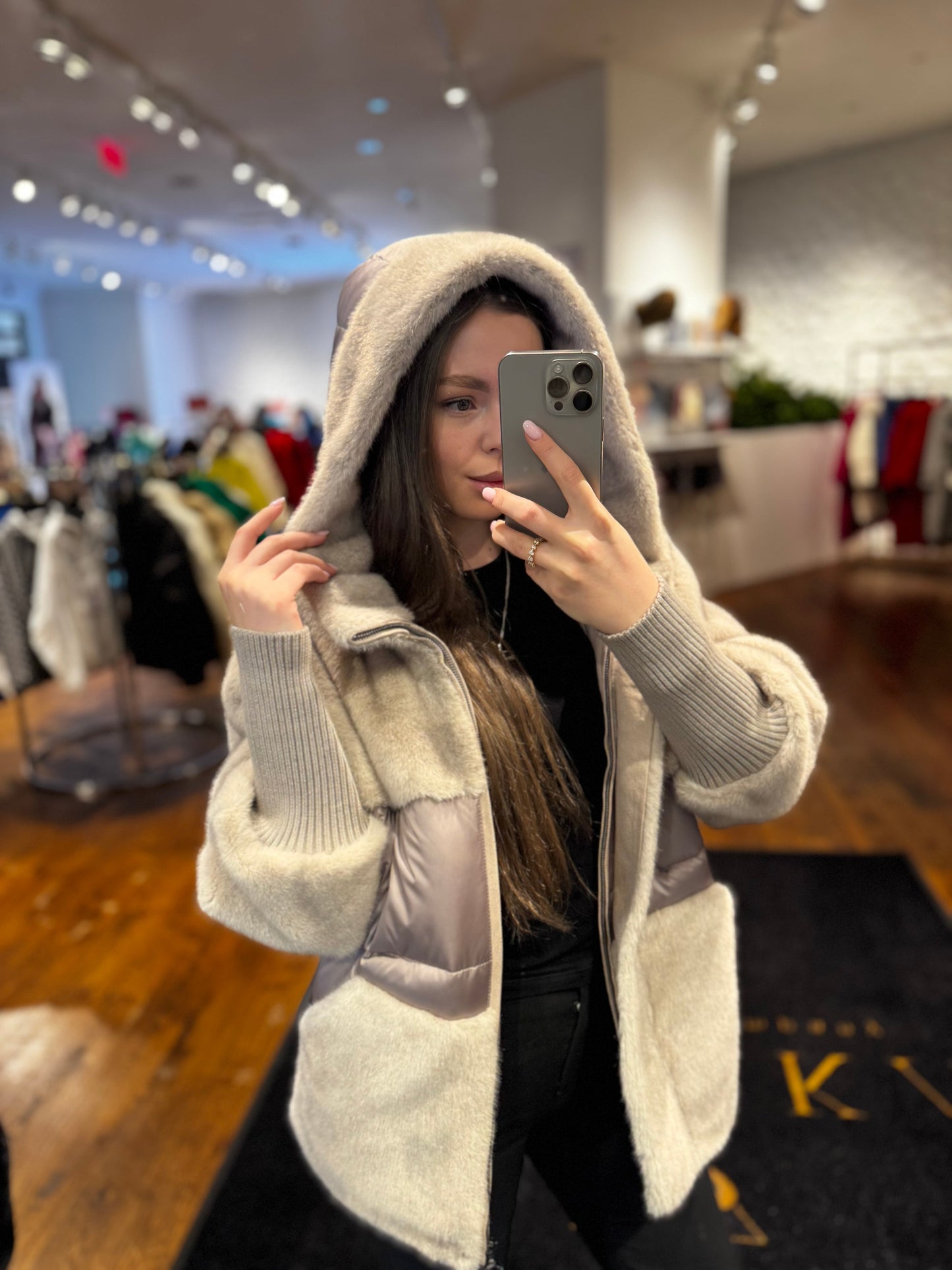 Claire Eco-Fur Bio-Down Fill Jacket in Taupe Grey