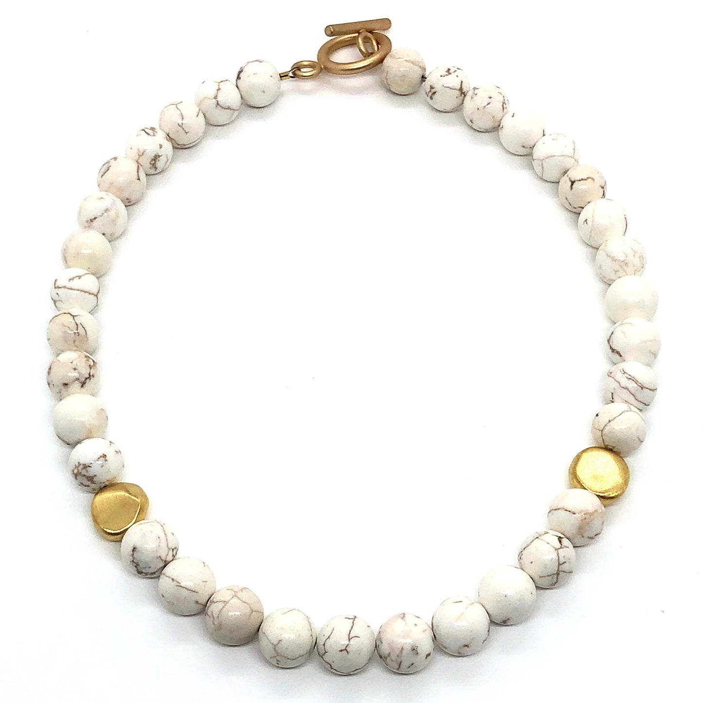 White Magnesite With Matte Gold Flat Bead Necklace
