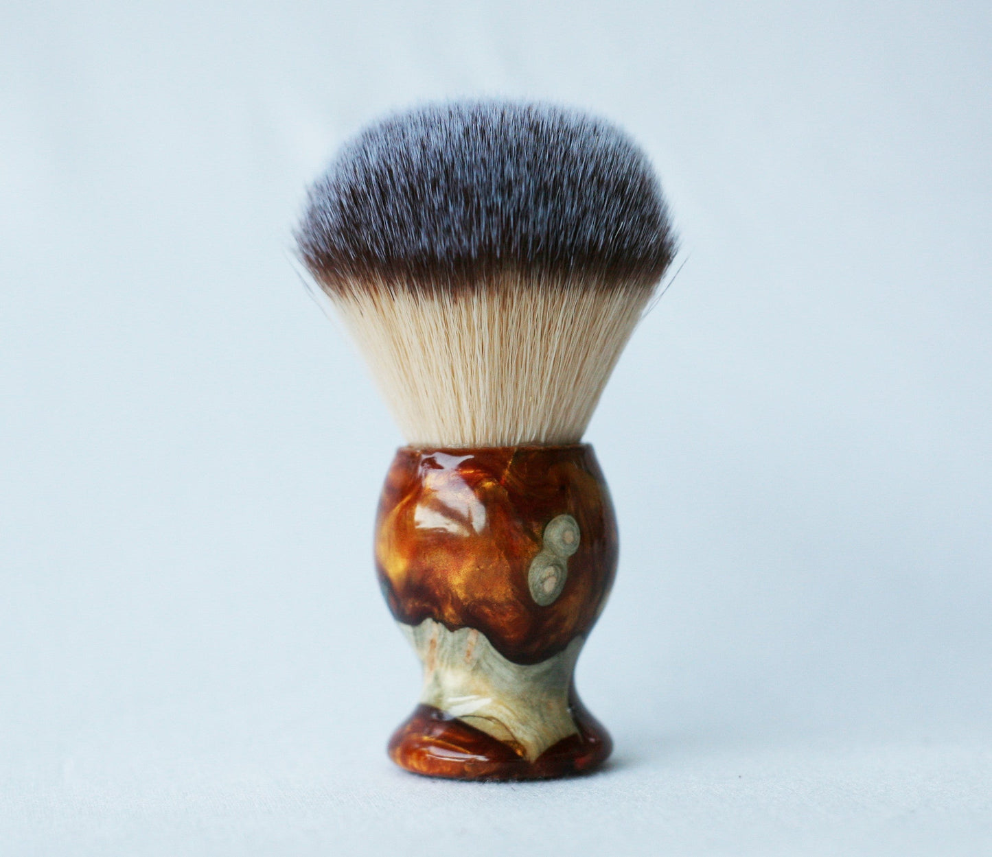 Buckeye Burl Shave Set with Gold and red swirl Resin safety razor, 26mm lather brush and a matching shave stand.