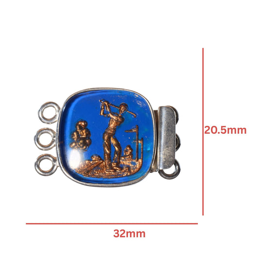 Sterling Silver Golf Scene Clasp with Blue Glass Inlay - 3 Strand