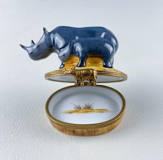 Mom and Baby Rhinos Vintage Retired Limoges Miniature Box. Collectible Porcelain & Brass Trinket Ring Pill Box. African Safari Design.