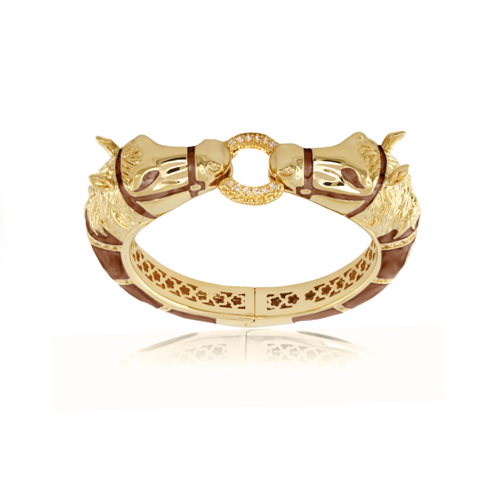 Equestrian Hinged Horse Head Bangle — 18k Gold & Brown Enamel