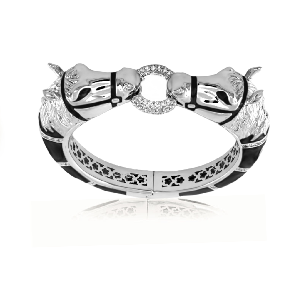 Equestrian Hinged Horse Head Bangle — Rhodium & Black Enamel