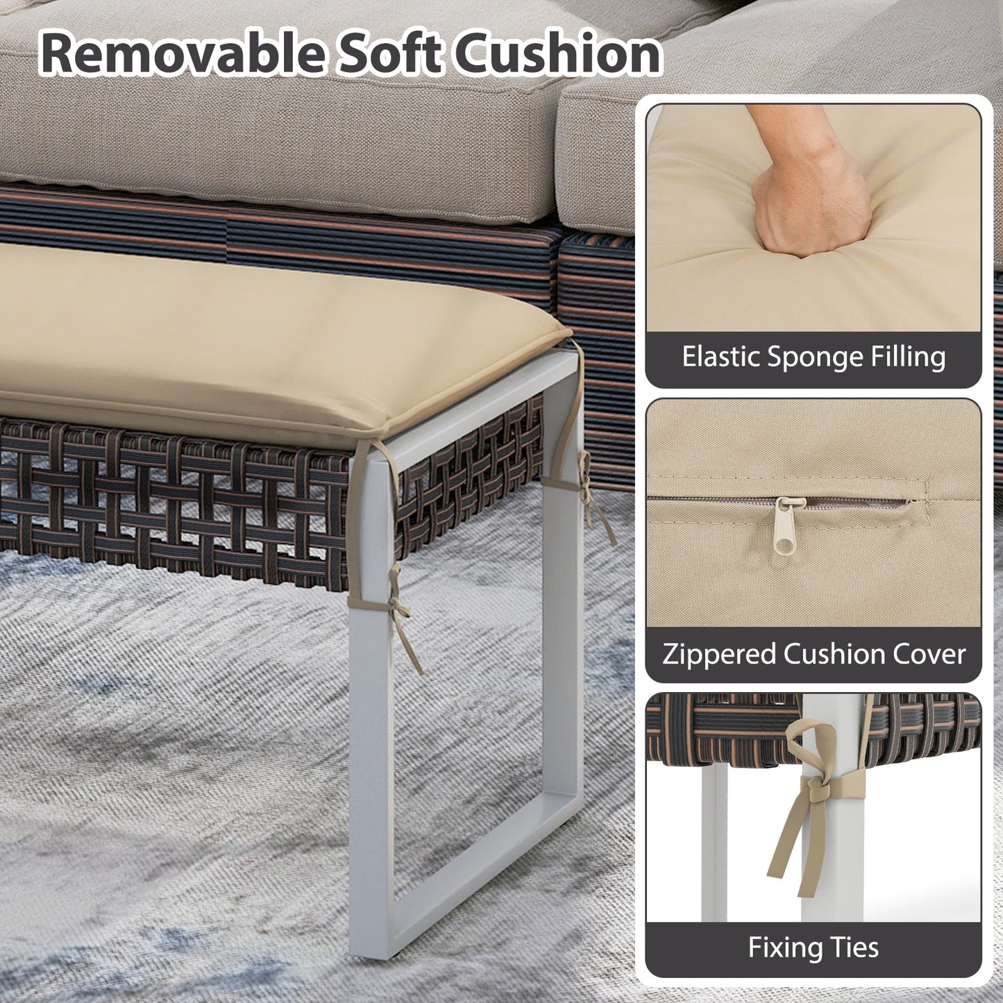 43 Inch Patio Rectangle Ottoman Pack of 2 with Metal Legs and Seat Cushion-Beige