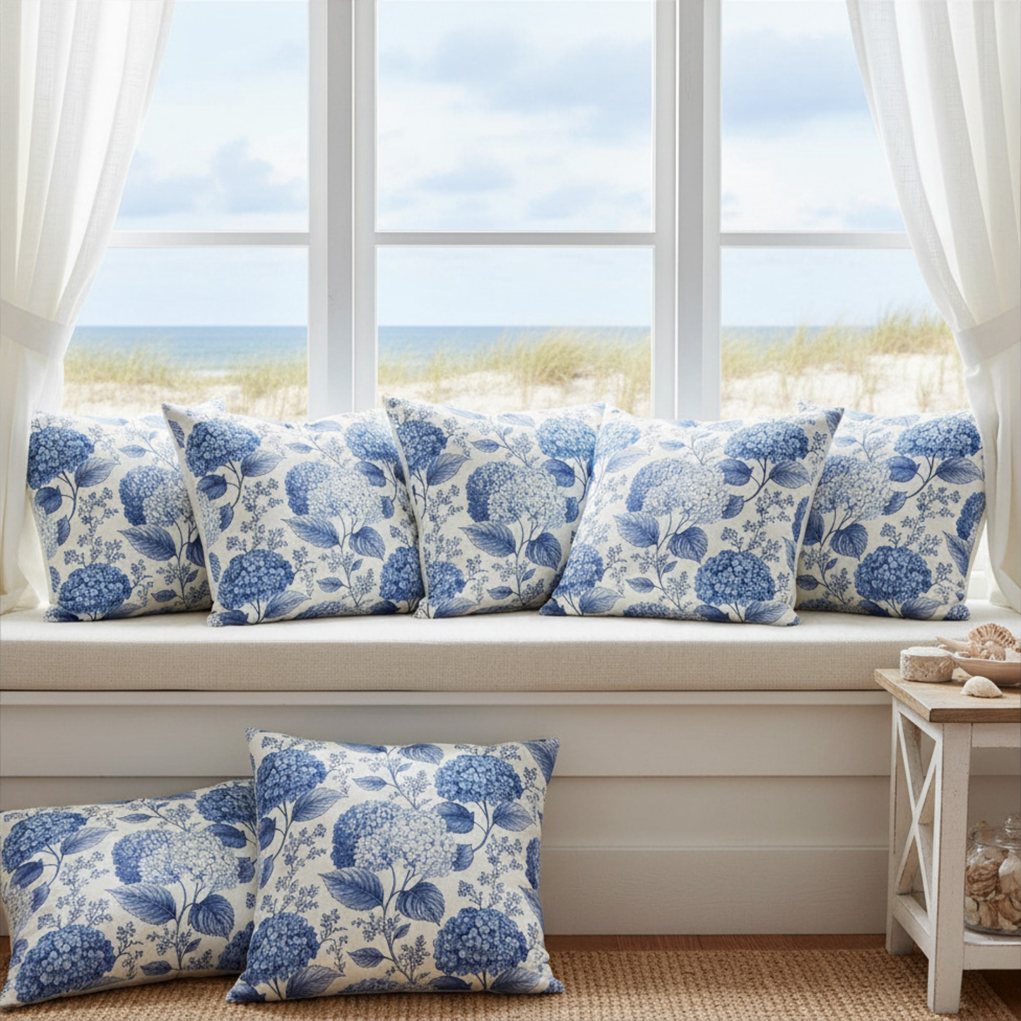 Blue Hydrangea Floral Pillowcase | Square Poly Canvas Throw Pillow Cover 18x18