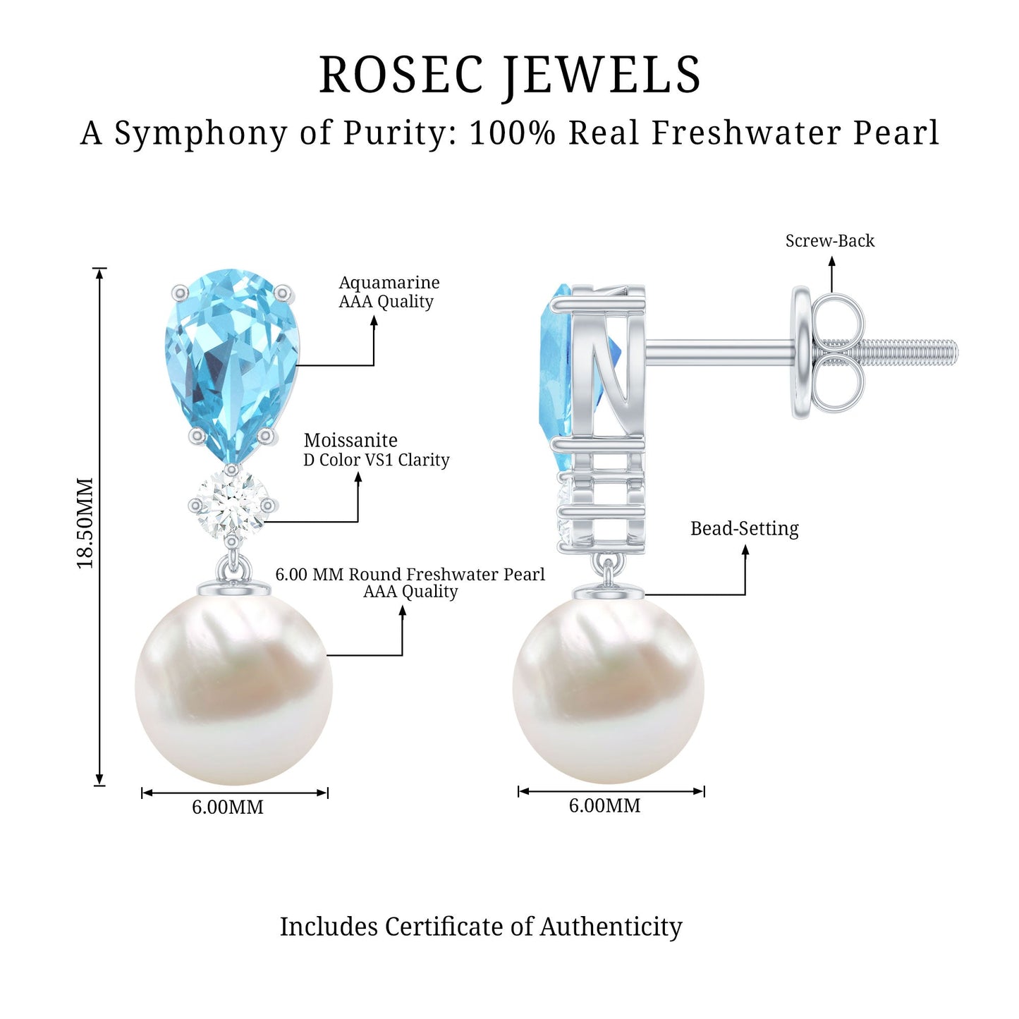 Certified Pearl Wedding Drop Earrings with Aquamarine