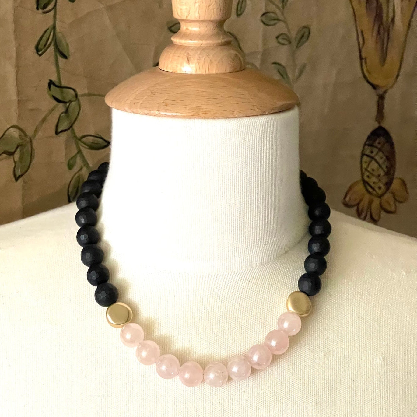 Matte Black Onyx And Rose Quartz Front Accent Necklace With Matte Gold Beads