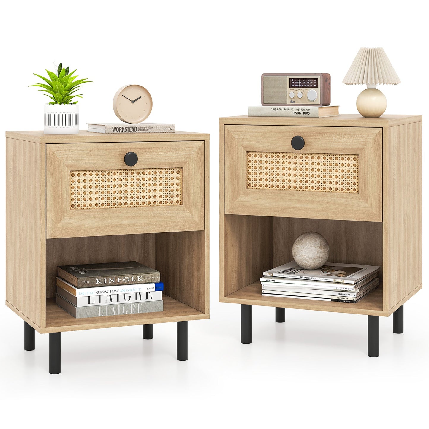 Rattan Nightstand Boho End Table with Rattan Drawer and Open Shelf Set of 2