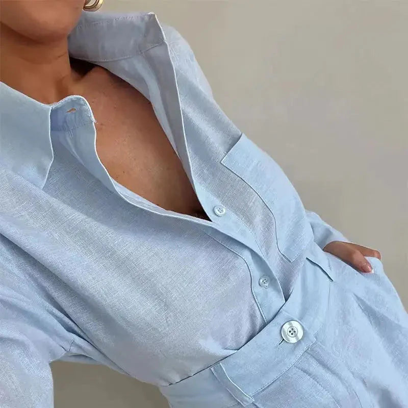 Cotton Linen Shirt & High-Waist Shorts Set