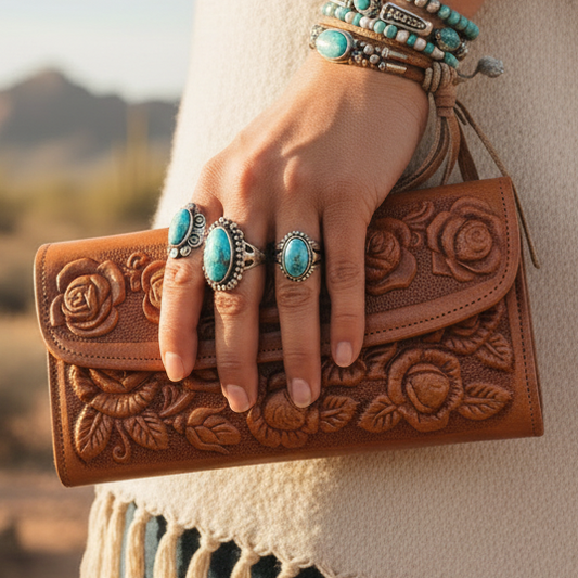 Leather Western Clutch - Tan Flower