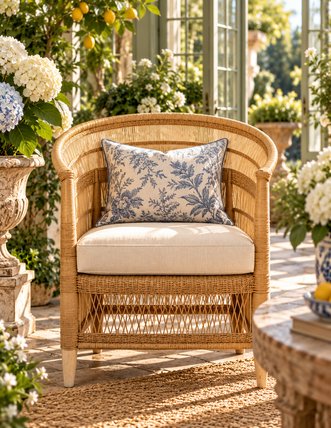 A wicker armchair with cream cushions sits on a sunlit patio, styled with a blue-and-white floral throw pillow. The chair is surrounded by greenery, flowers, and garden furniture.