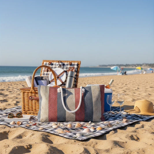 Americana Cabana Stripe Weekender Tote — A spacious coastal carryall inspired by beach weekends, boat days, and classic Americana summer style.