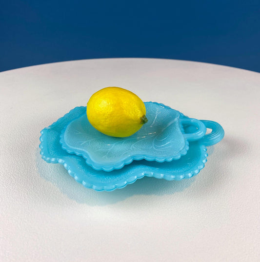 Vintage Blue Milk Glass Nesting Leaf Lemon Serving Plates. Two Small Turquoise Plates. Dining Room Decor. Gift for Mom, Grandma, Friend.