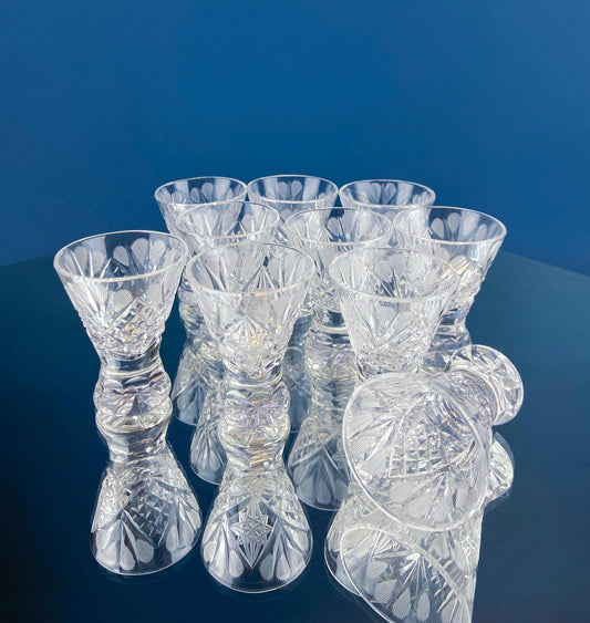 Vintage Bohemian Crystal Clear Shot Glasses. Set of 10 Stemware. Gift for Dad. Fine Barware. Dining Room Decor. Collectible Glass.