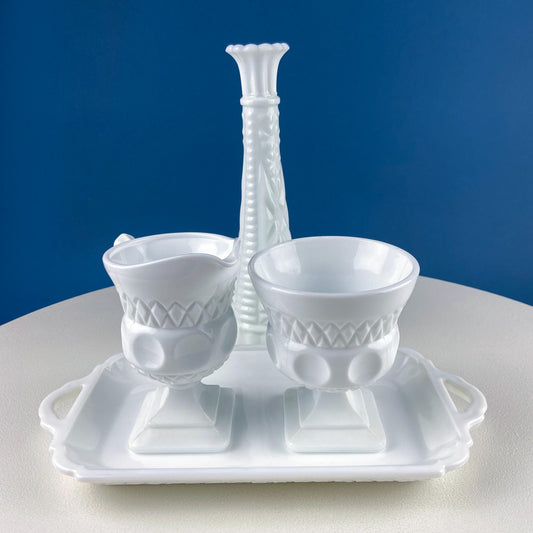 Vintage Fenton Milk Glass Sugar Bowl & Creamer on Matching Tray. White Thumb Print Serving Dishes. Collectible Glass. Dining Room Servware.