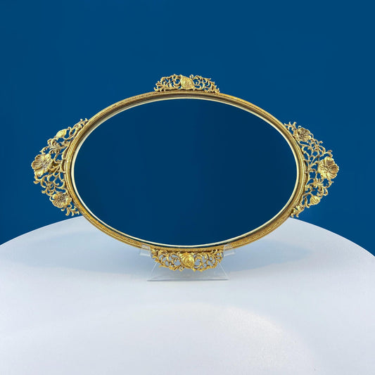 Vintage Gold Dresser Vanity Tray. Rich Floral Gilded Metal Motif. Chic Bedroom Bath Decor. Wall Hanging. Decorative Mirror. Gift for Her.