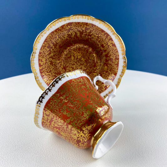 Vintage Royal Albert Brown & Gold Tea Coffee Cup and Saucer. All Over Flower Motif. Gold Leaf Border. Buckingham Series. Hosting Essentials