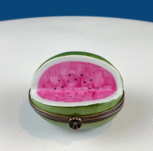 Watermelon Shaped Limoges Box with Flower Clasp. Vintage Gifts. Highly Collectible Porcelain Pill or Trinket Box. Gift for Melon Fan. Gift for Mom.
