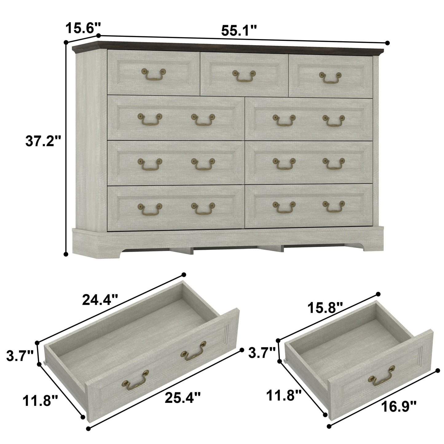 Dresser Farmhouse 9-Drawer Antique Gray MDF Brass Handles 55.1x37.2 In