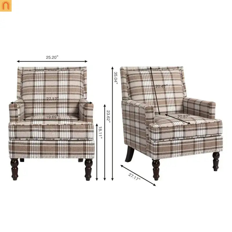 Accent Chair Vintage Style Linen Upholstered Brown Nailhead Trim for Living Room Decor