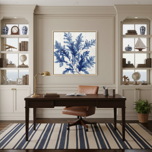 Blue Fern Botanical Framed Original Print on Canvas 30"x30" | Delicate Navy Coastal Seaweed Study | Vivian Hill, Bay & Bridle