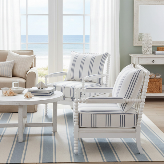 White and Navy Upholstered Stripe Accent Chair