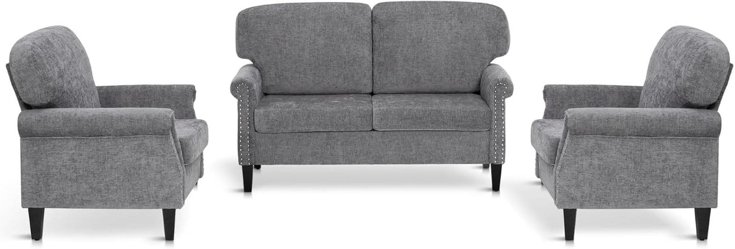 3 Piece Living Room Furniture Set Grey Linen Fabric Loveseat And Two Accent Chairs