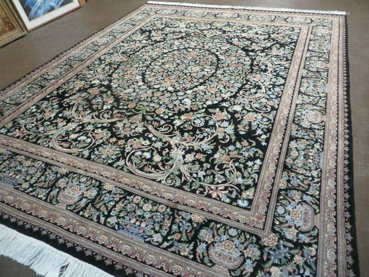 8' X 10' Vintage Handmade Pakistani Floral Wool Rug Black Nice