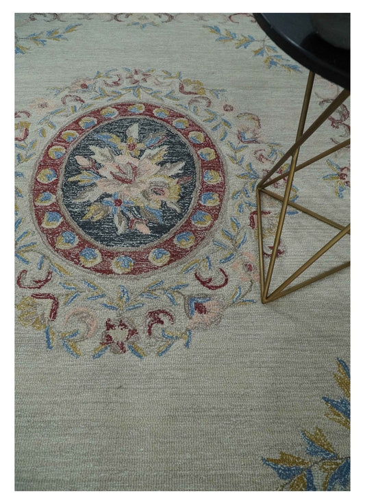 Antique Style Beige and Charcoal Aubusson design Hand Tufted 8x10 wool Area Rug