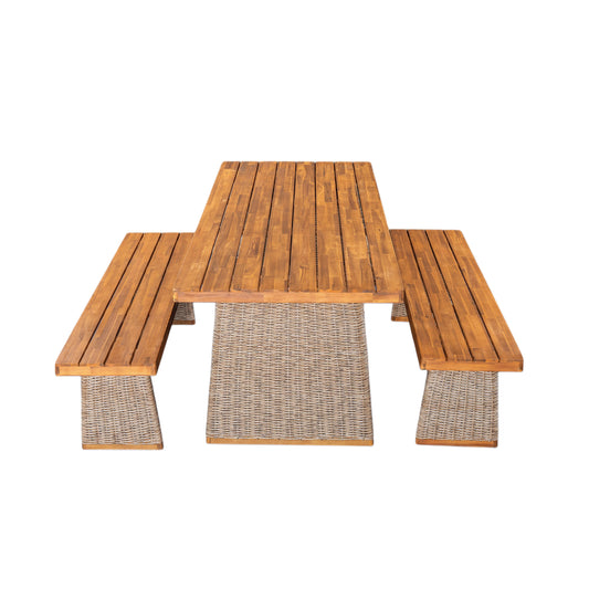 Outdoor Set 3-piece Acacia Wood Dining with Handwoven Rattan Legs Brown