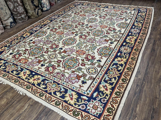 Antique Turkish Kilim Rug 7x10 Allover Pattern, Ivory Cream Maroon Light Blue, Wool Flatweave Hand Woven, Large Kilim, Vintage Kilim Carpet