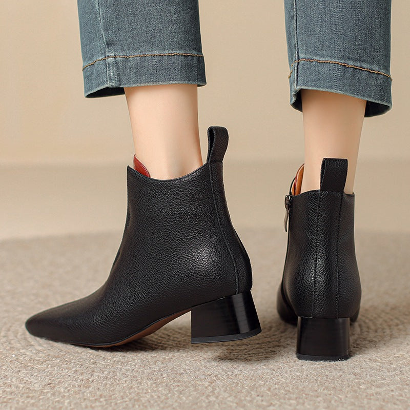 Women's Retro Square-Toe Sheepskin Ankle Boots | Chunky Heel Side-Zip