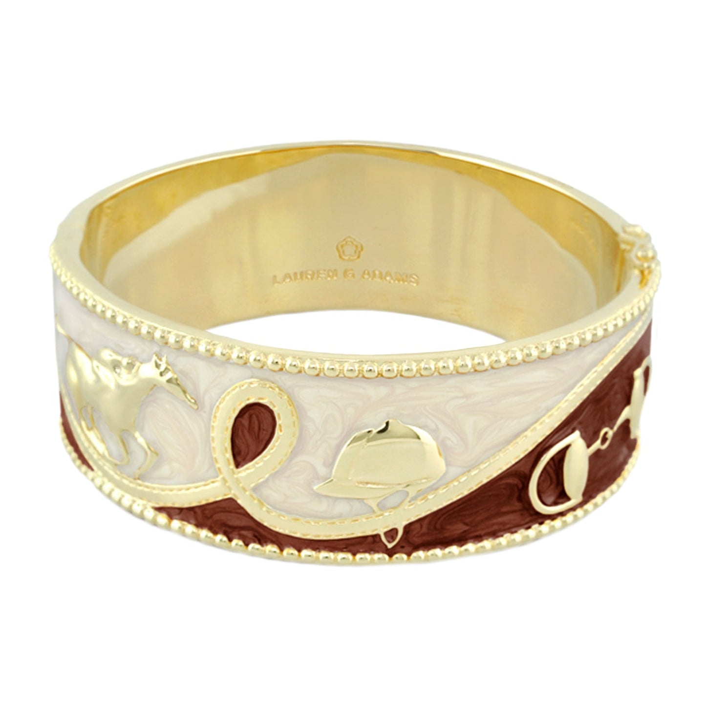 Pink Label Equestrian Brass Base 18K Gold Plated Bangle With Beige Hand Painted Enamel Statement Piece