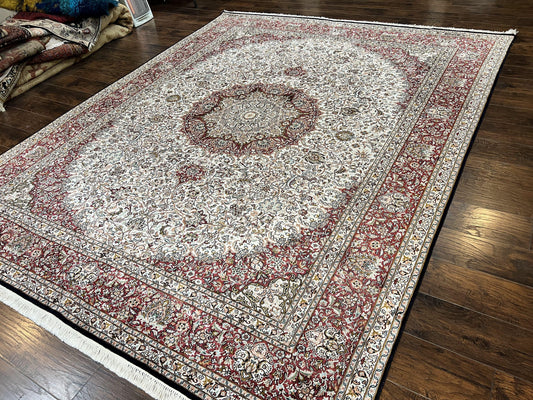 Silk Indian Kashmiri Rug 9 x 11 ft, Room Sized Silk Vintage Indo Persian Handmade Hand Knotted Fine Oriental Carpet, Ivory and Maroon